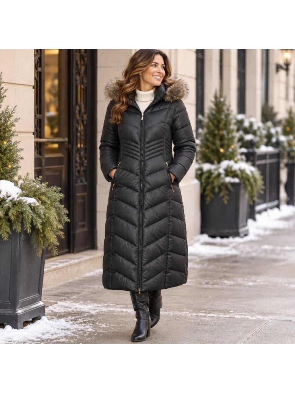 Gallery New York Womens L Long Maxi Puffer Coat Black Faux Fur Hood Quilted